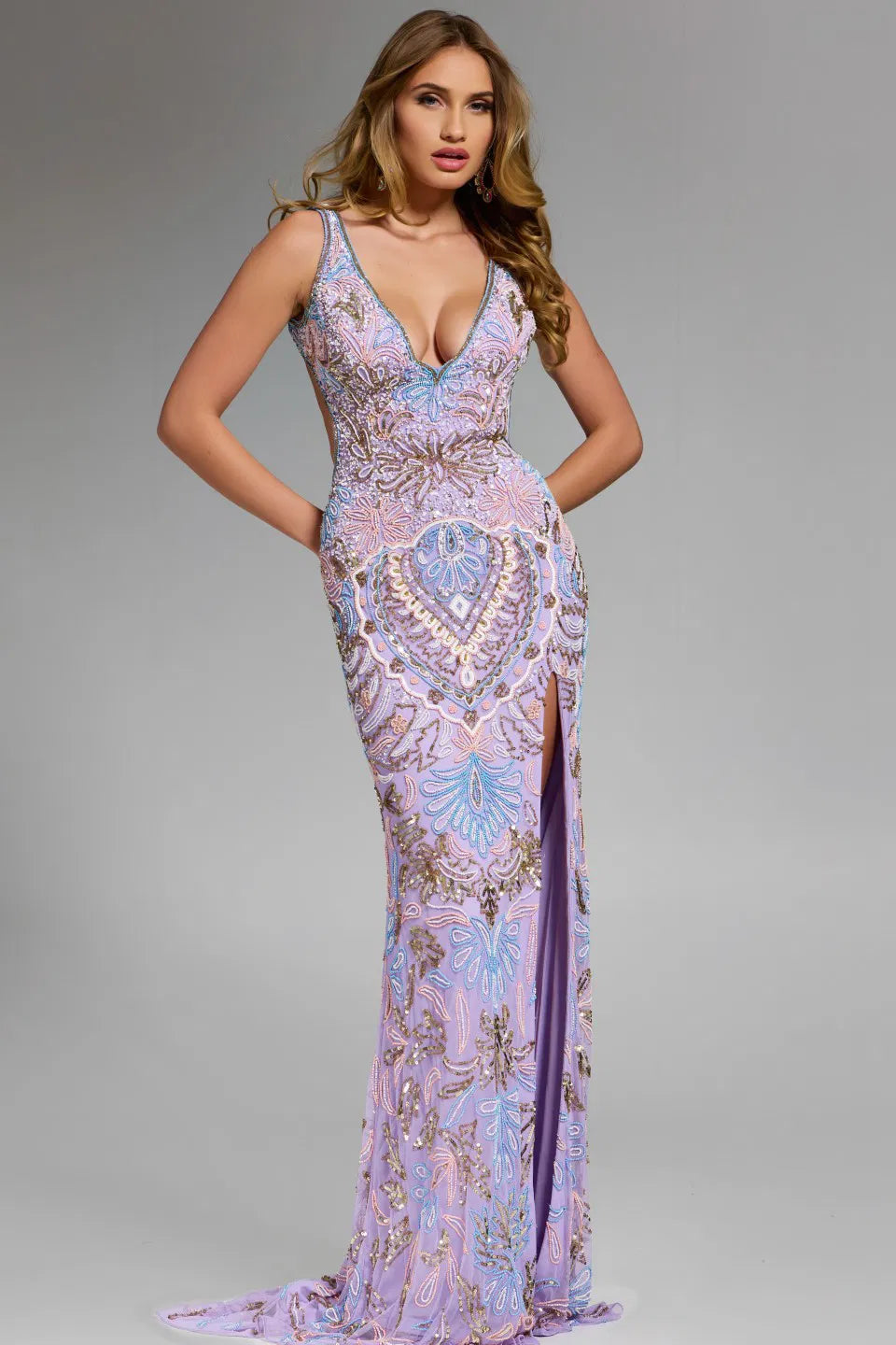 Jovani 45533 Plunging V-Neck Gown with Intricate Embroidery and High Slit
