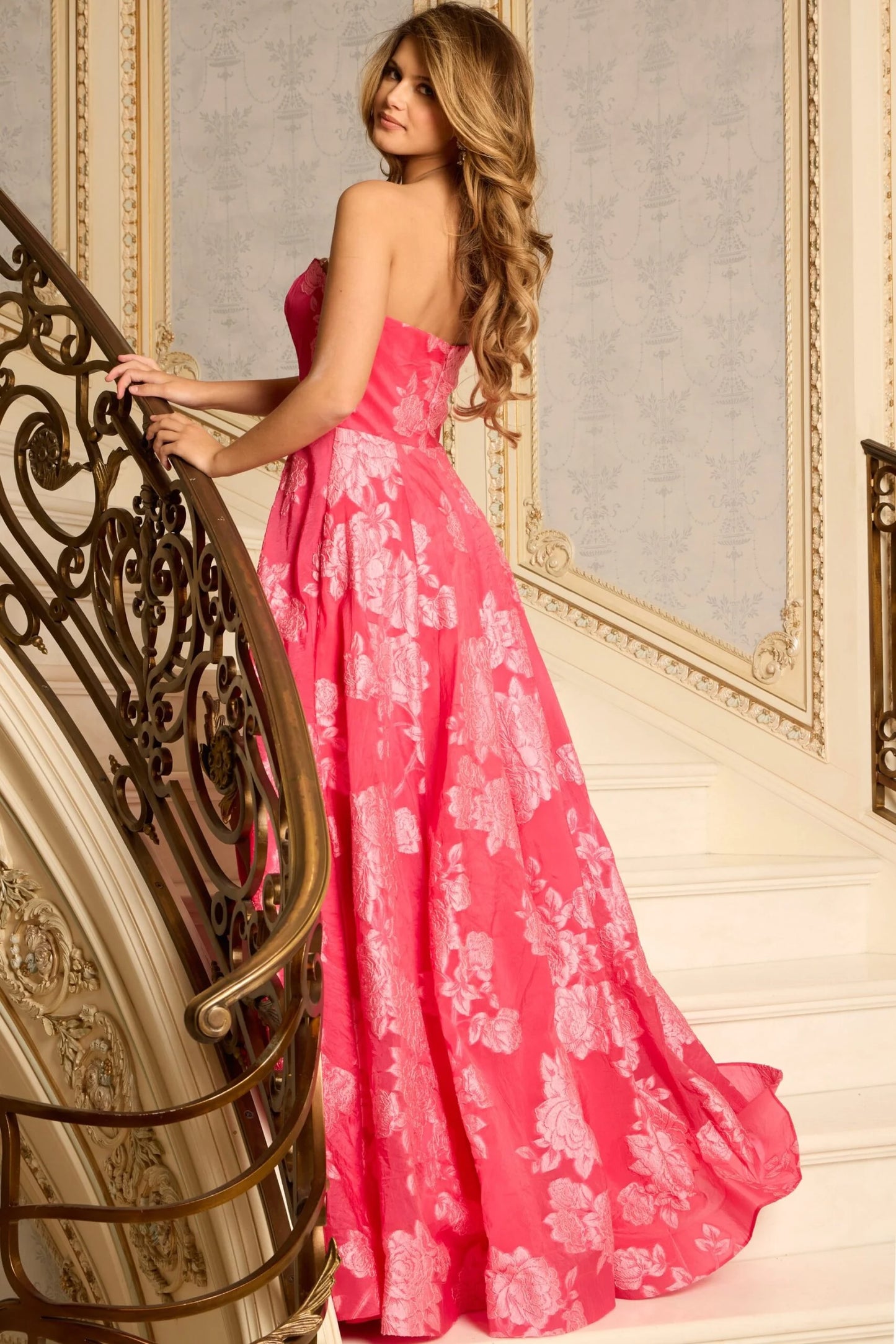 Jovani 45721 Strapless Jacquard Gown With Floral Embroidery