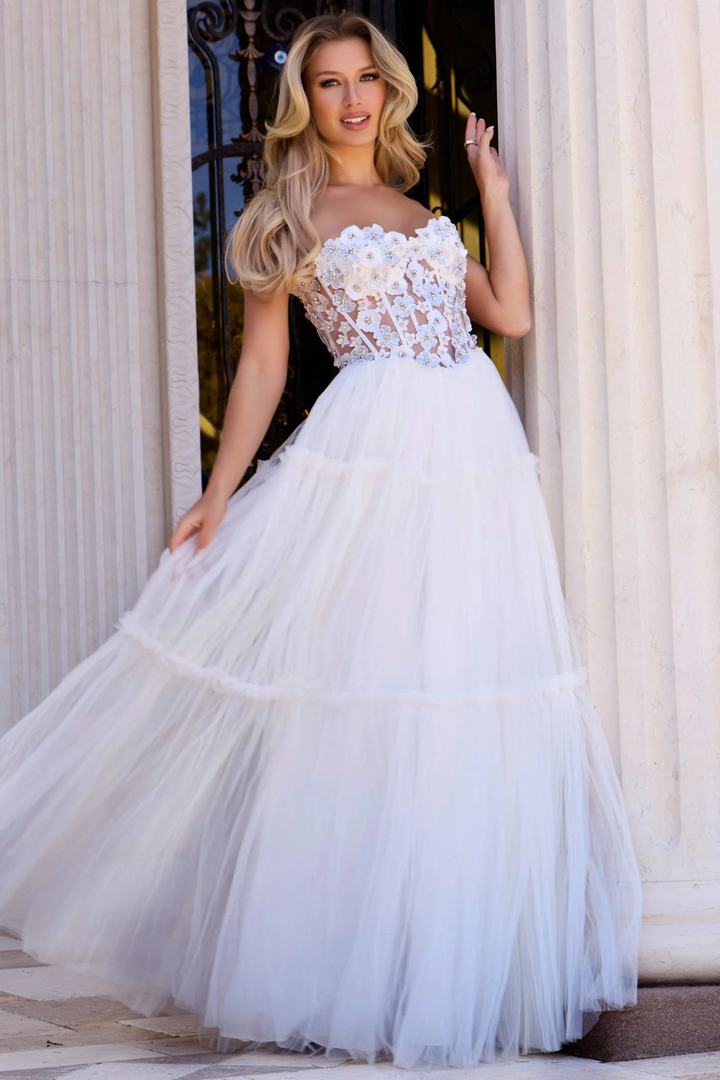 Jovani 45866 Sheer Corset Dress with Floral Lace and Tiered Tulle Skirt