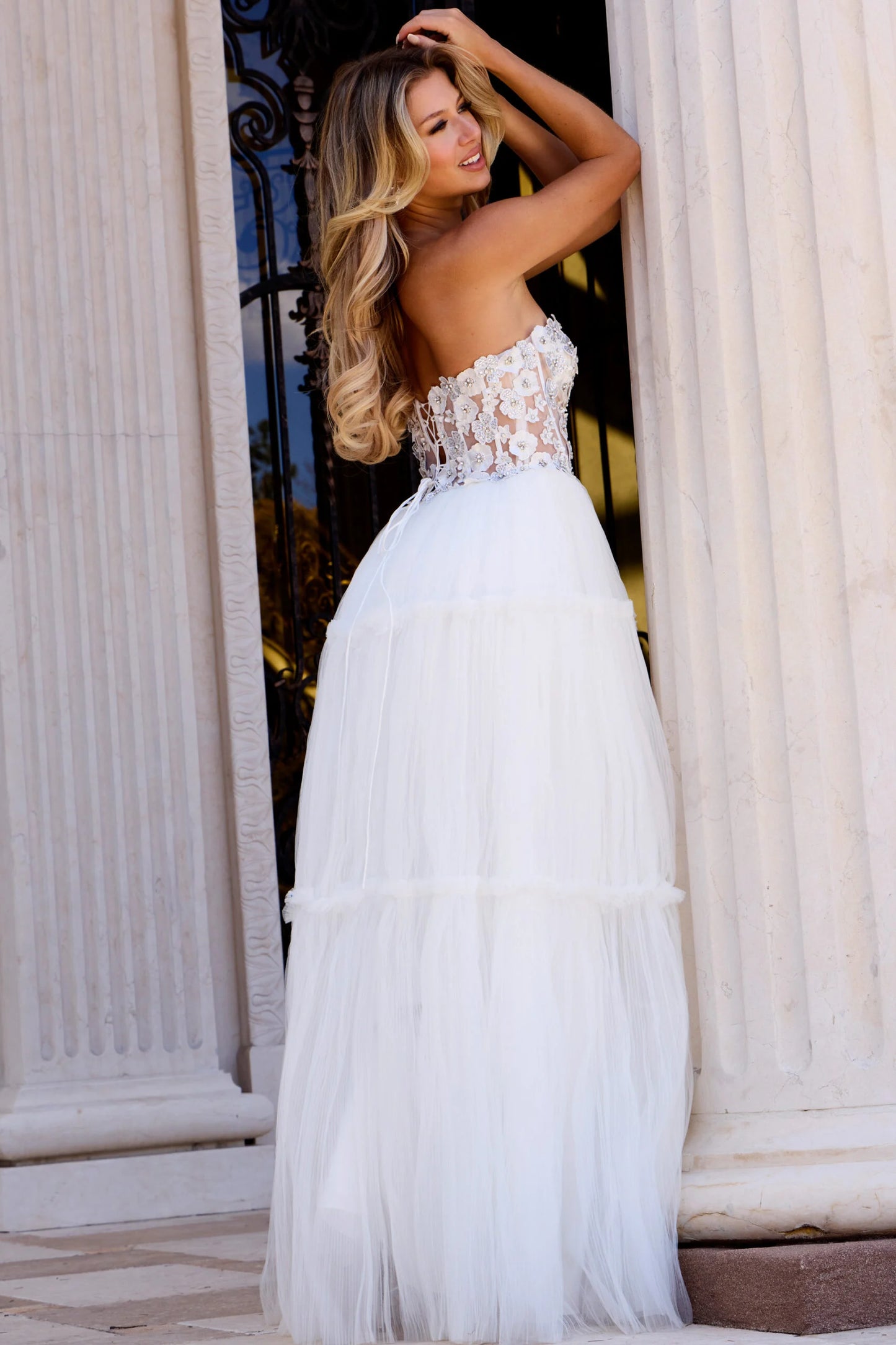 Jovani 45866 Sheer Corset Dress with Floral Lace and Tiered Tulle Skirt