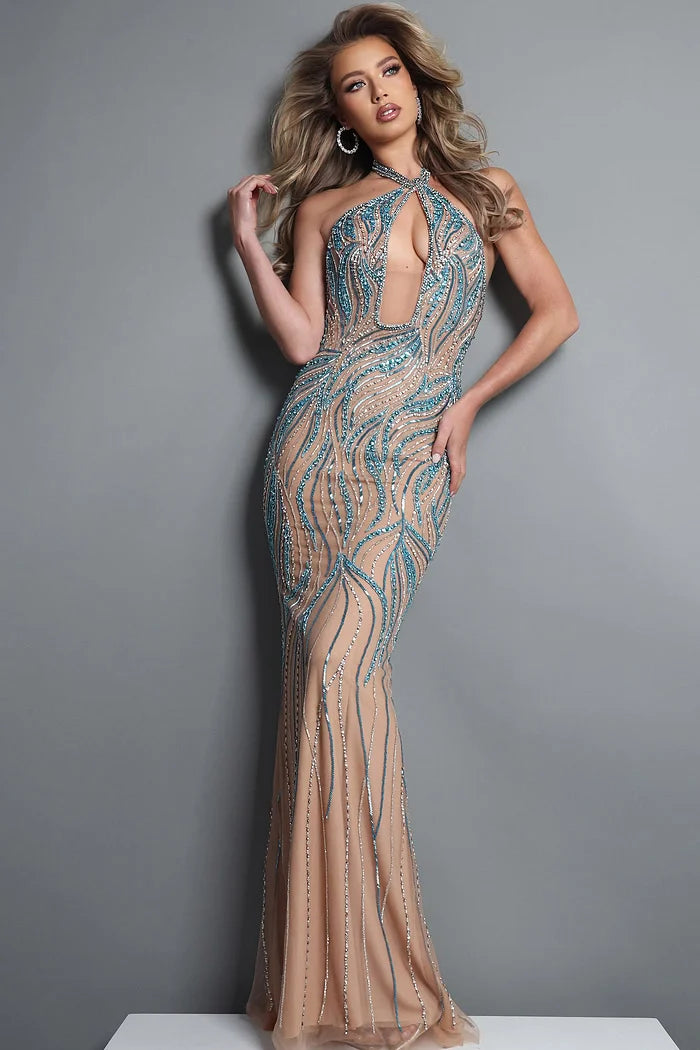 Jovani 47170 Nude Blue Halter Neck Beaded Cutout Sheer Sheath Dress