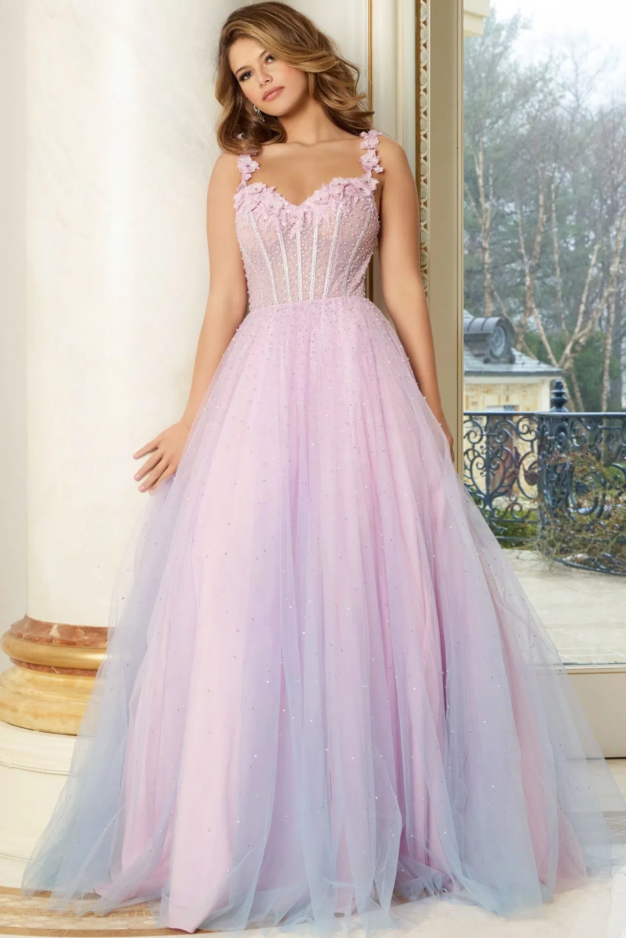 Jovani 47305 Floral Appliqué Corset Tulle Ball Gown