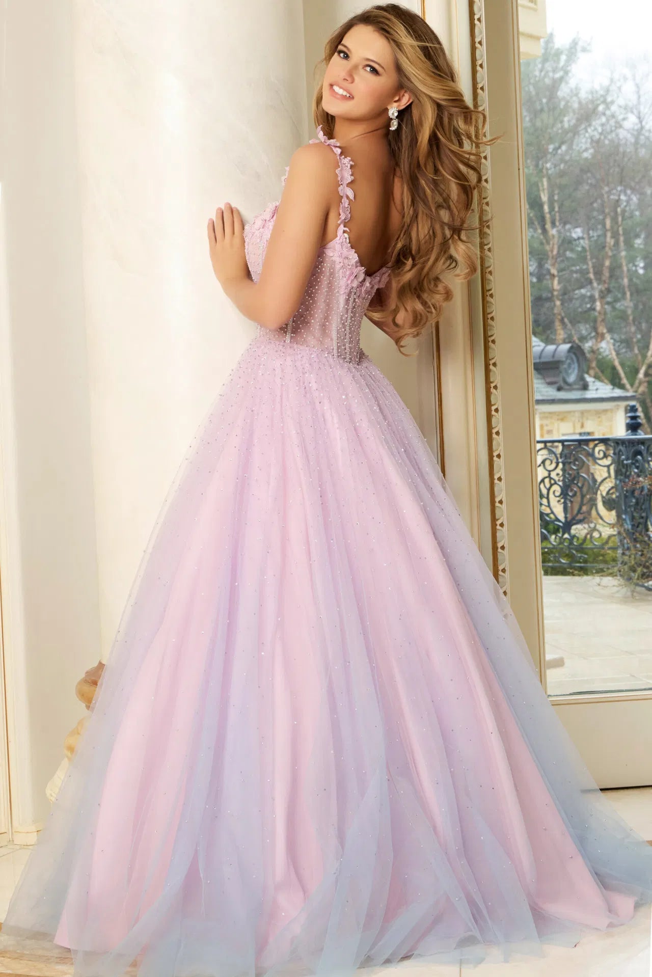 Jovani 47305 Floral Appliqué Corset Tulle Ball Gown
