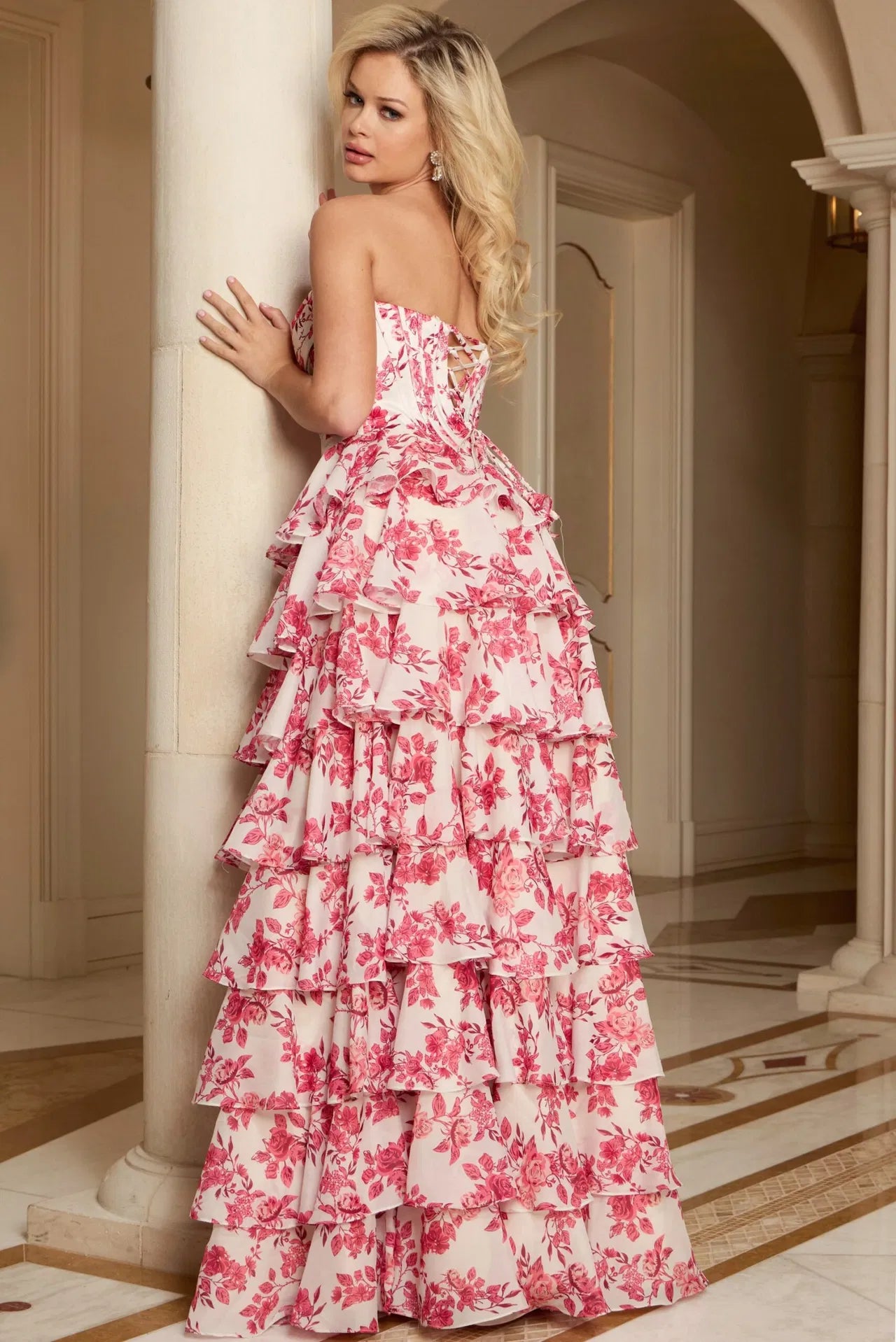 Jovani 47404 Floral Corset Tiered Ruffle Ball Gown