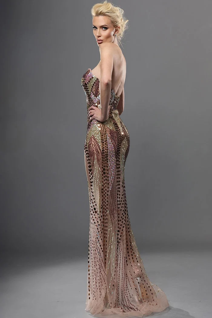 Jovani 49201 Blush Strapless Sequin Fitted High Slit Sheer Sheath Dress