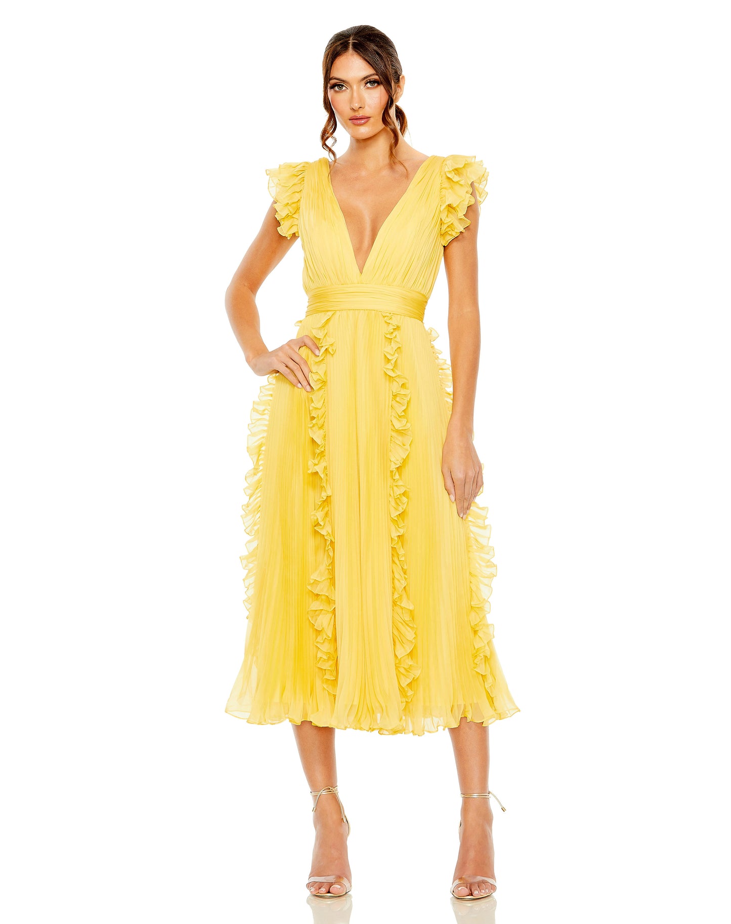 Mac Duggal 49675 Pleated Chiffon V Neck Ruffle Midi Dress