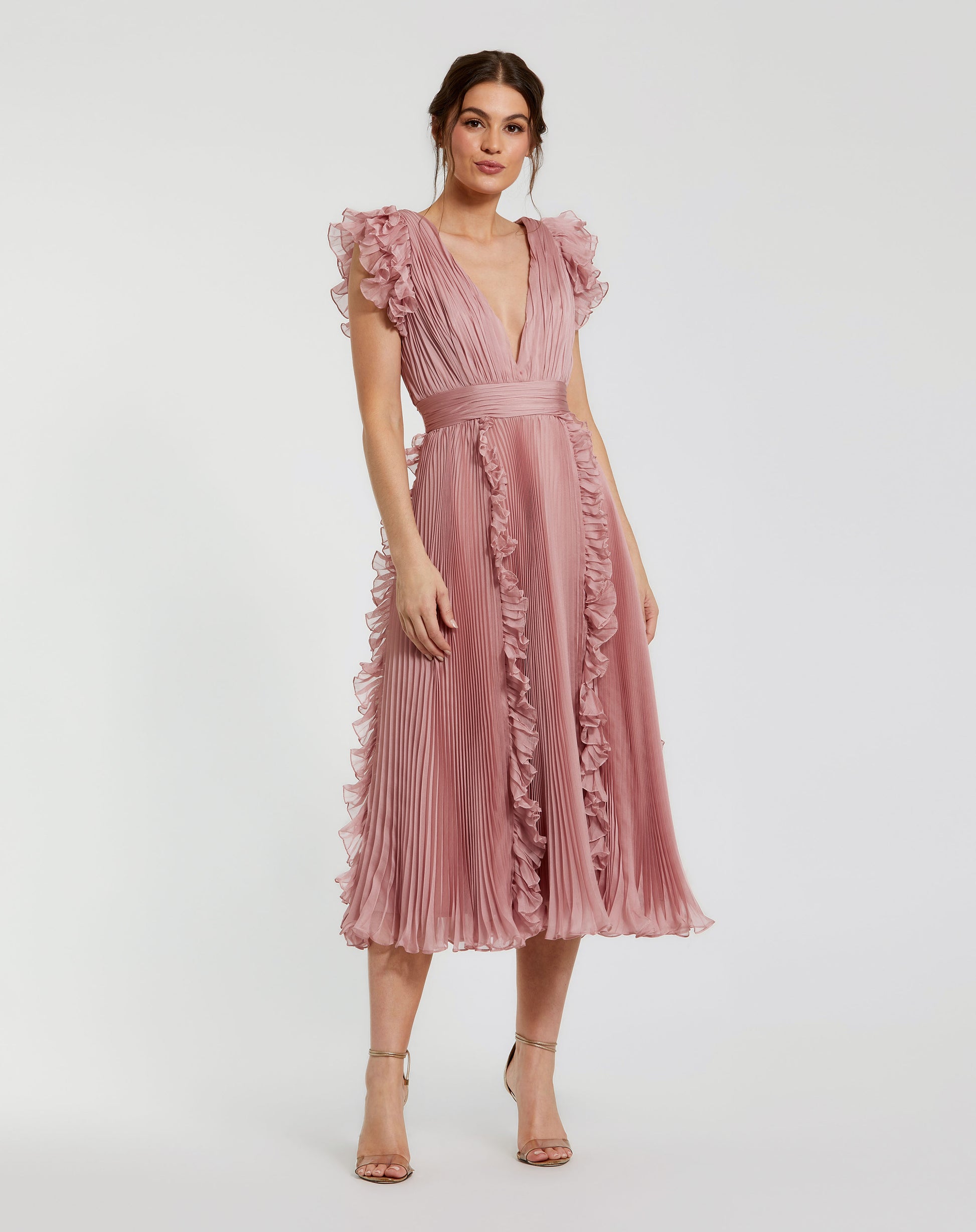 mac duggal ruffle midi dress Mac Duggal Mesh Ruffle Strapless Midi Dress