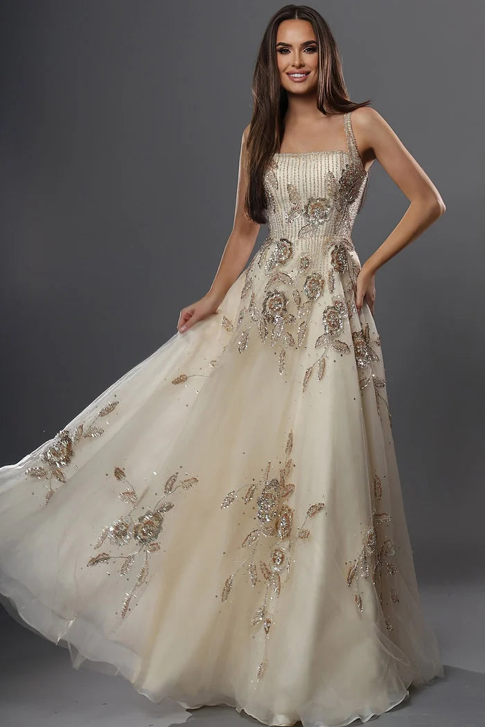 Jovani 49697 Champagne Sleeveless Embroidery Sequin Floral A Line Long Dress