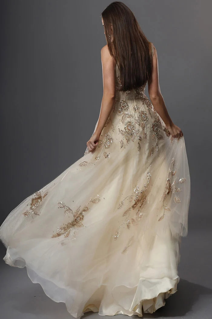 Jovani 49697 Champagne Sleeveless Embroidery Sequin Floral A Line Long Dress