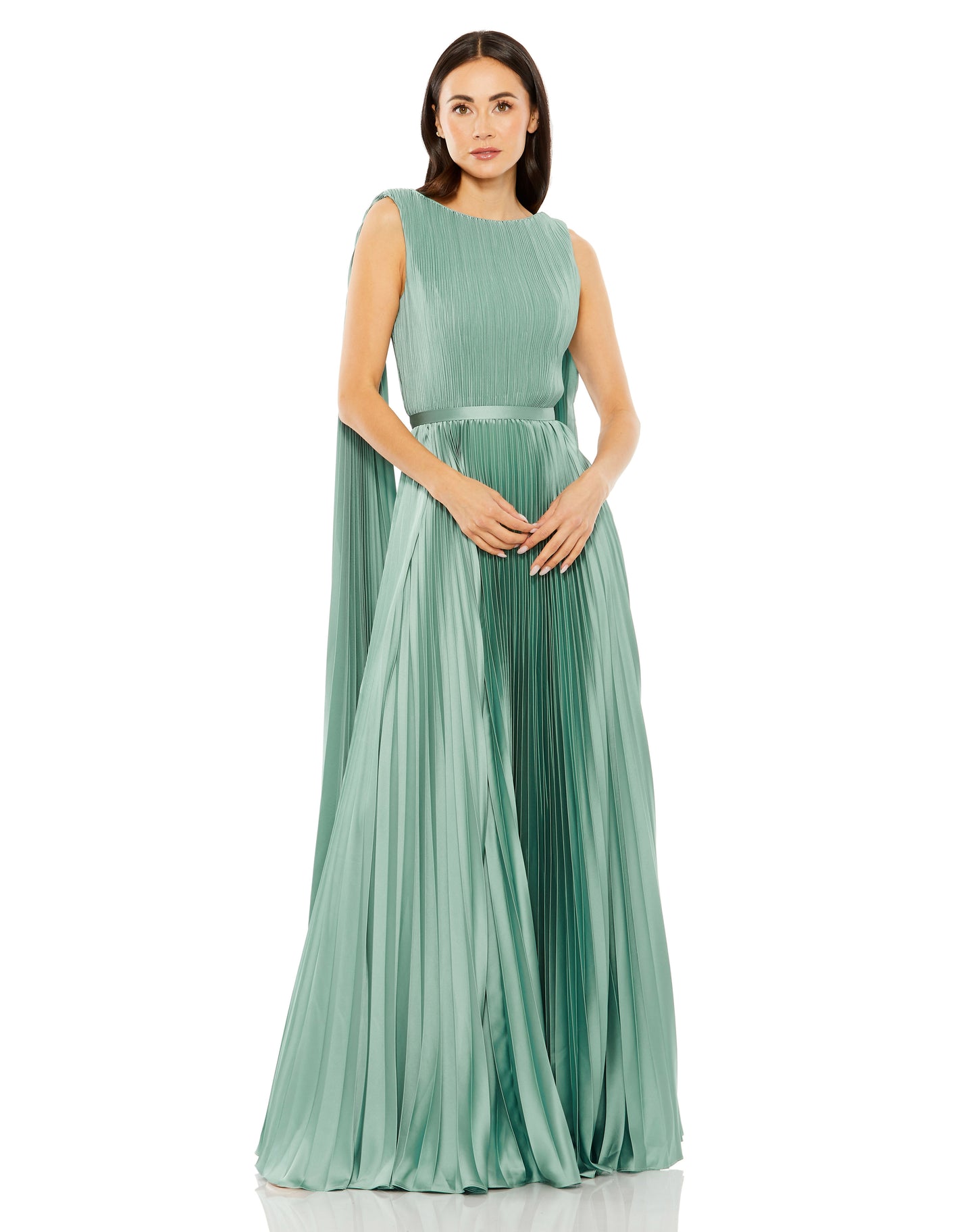 Mac Duggal 49716 Sleeveless High Neck Cape Back Heat Pleated Gown