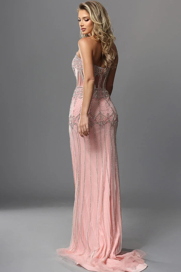Jovani 49735 Pink Strapless Beaded Embroidery Sheer Bodice High Slit Trumpet Dress
