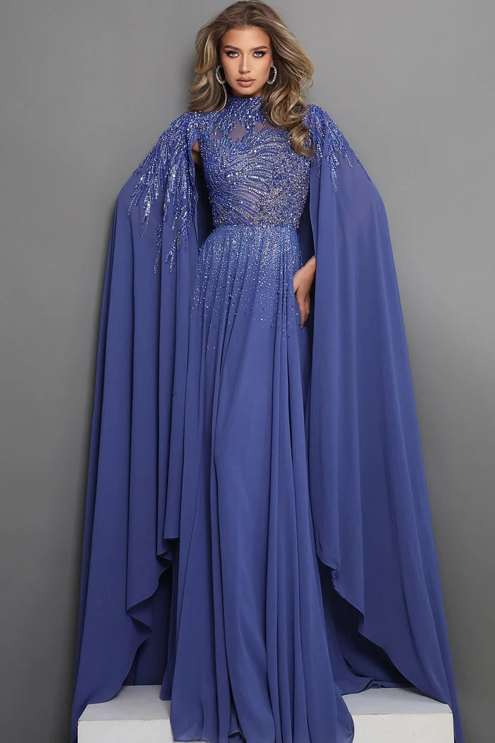 Jovani 49742 Blue Beaded Embroidery Cape Sleeves A Line Dress