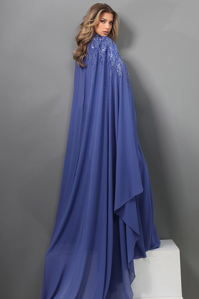 Jovani 49742 Blue Beaded Embroidery Cape Sleeves A Line Dress