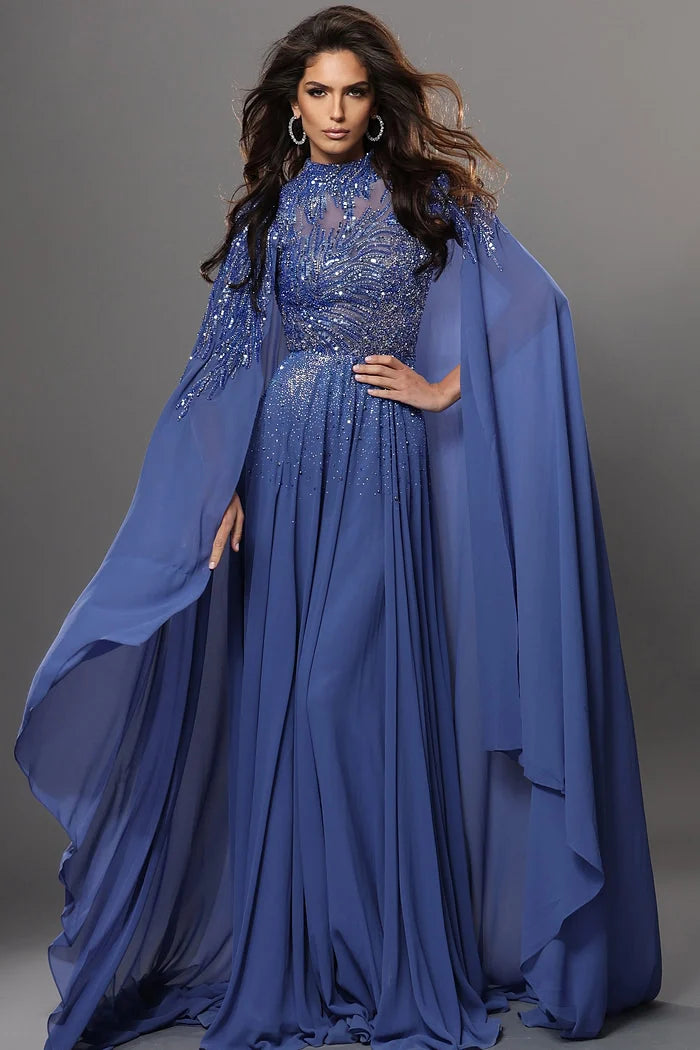 Jovani 49742 Blue Beaded Embroidery Cape Sleeves A Line Dress