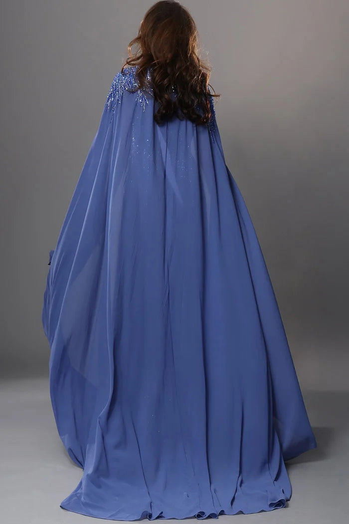 Jovani 49742 Blue Beaded Embroidery Cape Sleeves A Line Dress