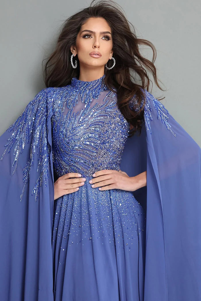 Jovani 49742 Blue Beaded Embroidery Cape Sleeves A Line Dress