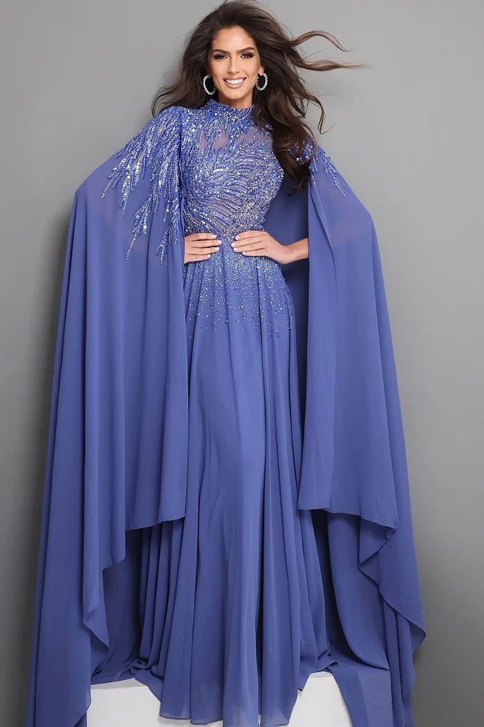 Jovani 49742 Blue Beaded Embroidery Cape Sleeves A Line Dress