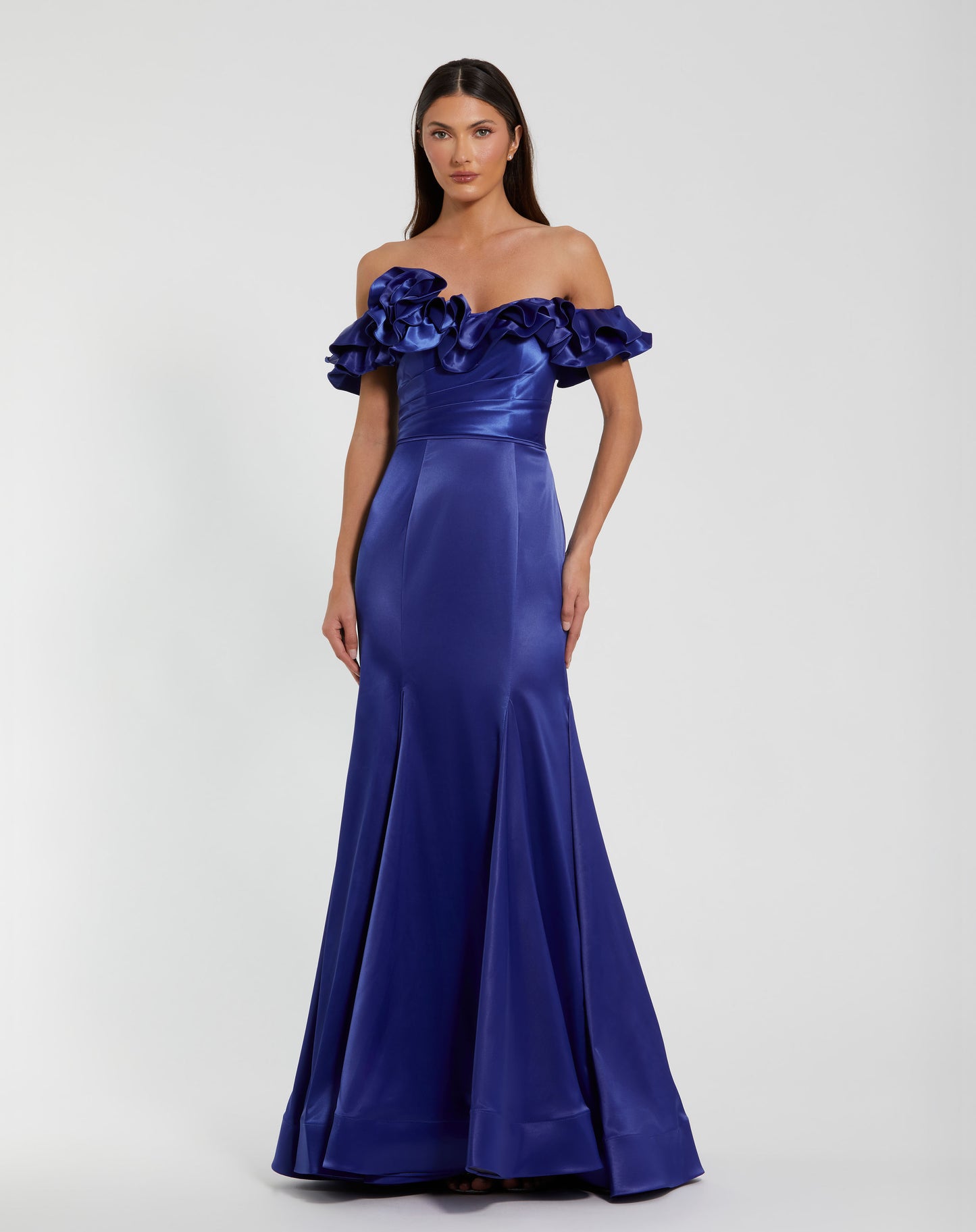 Mac Duggal 49834 Satin Ruffle Off the Shoulder Mermaid Gown