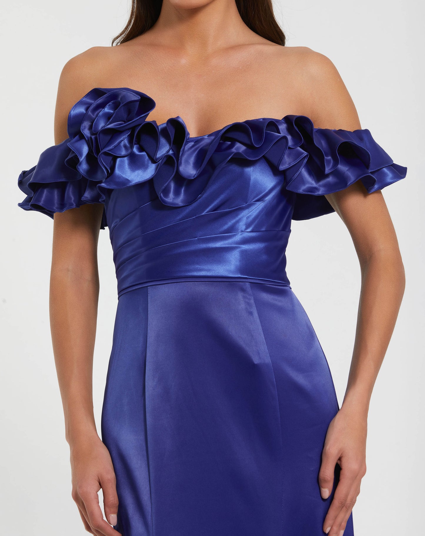 Mac Duggal 49834 Satin Ruffle Off the Shoulder Mermaid Gown
