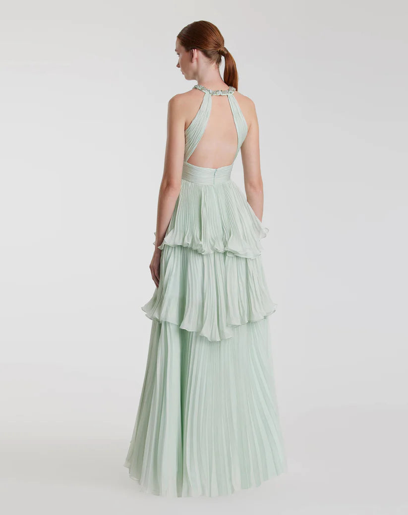 Mac Duggal 49835 High Neck Chiffon Tiered Gown with Cut Out