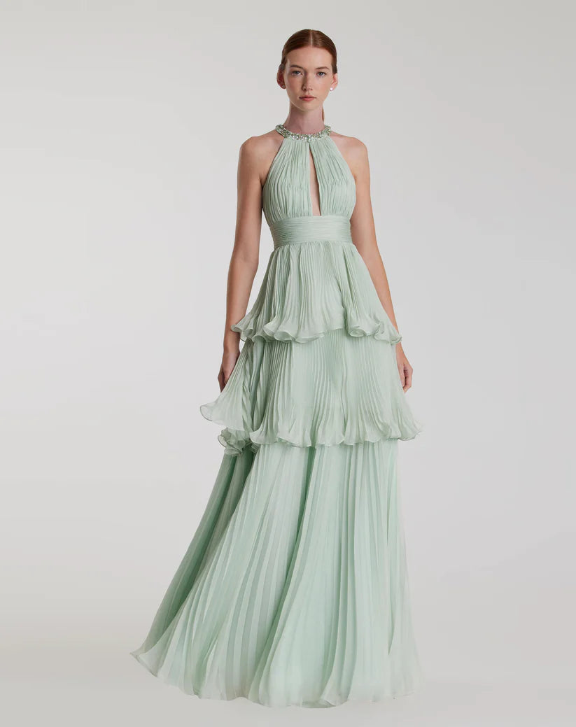 Mac Duggal 49835 High Neck Chiffon Tiered Gown with Cut Out