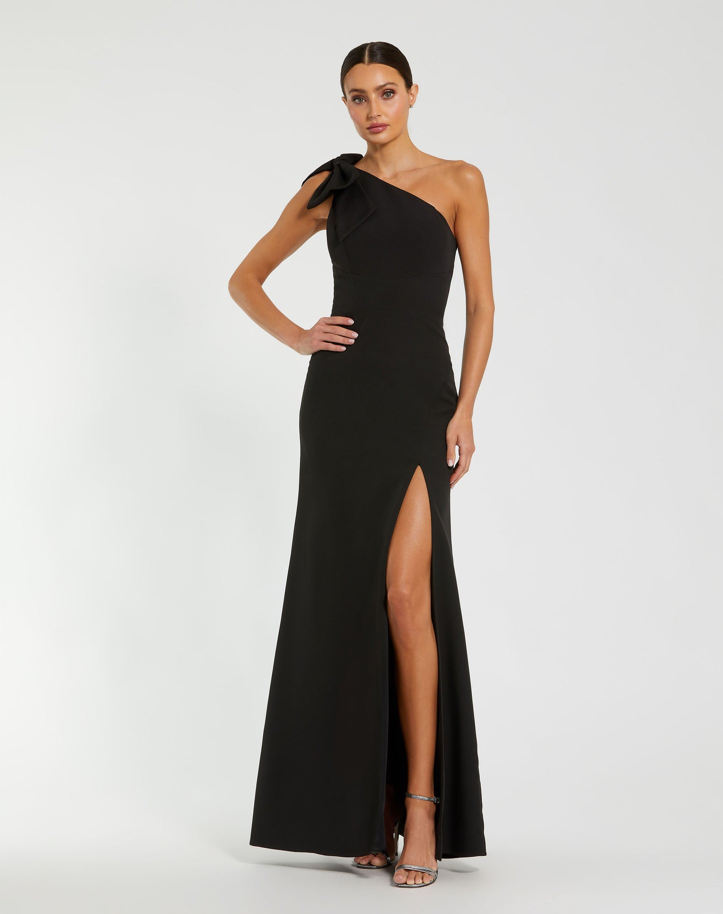 Mac Duggal 49862 Crepe One Shoulder Fitted Gown with Bow