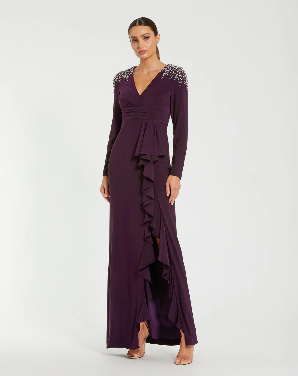 Mac Duggal 49897 Rhinestone Embellished Long Sleeve Ruffle Gown