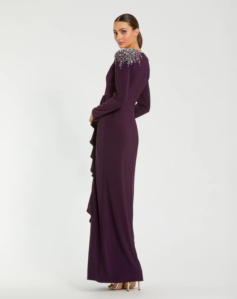 Mac Duggal 49897 Rhinestone Embellished Long Sleeve Ruffle Gown