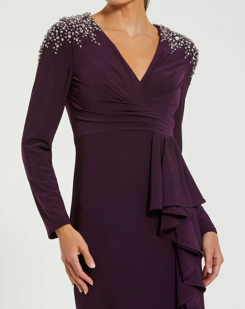 Mac Duggal 49897 Rhinestone Embellished Long Sleeve Ruffle Gown