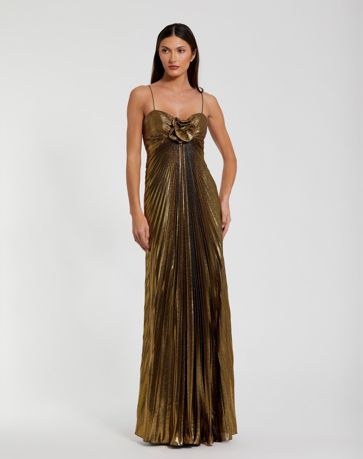 Mac Duggal 49905 Thin Strap Pleated Metallic Gown With 3D Flower