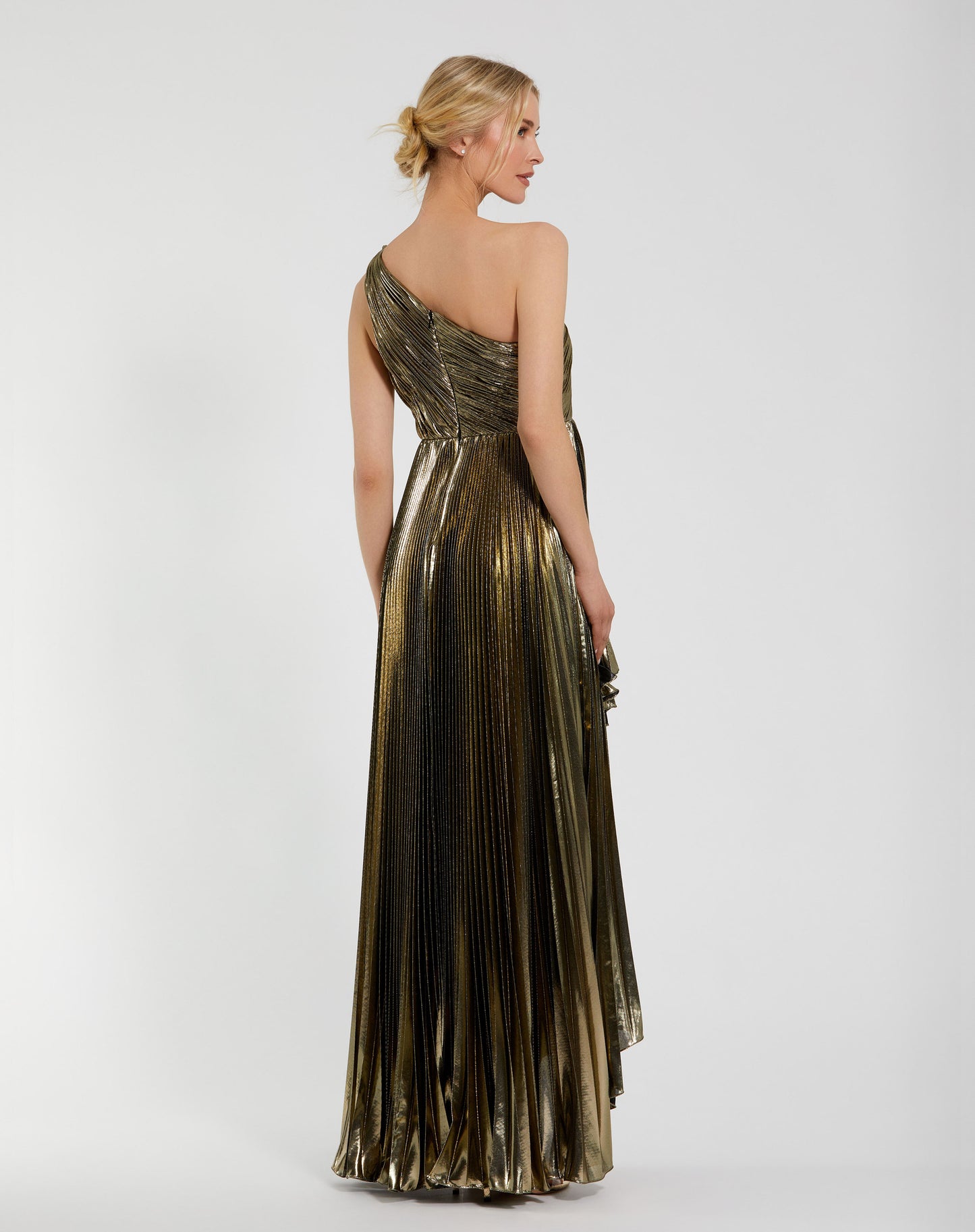 Mac Duggal 49910 Pleated Metallic One Shoulder High Low Gown