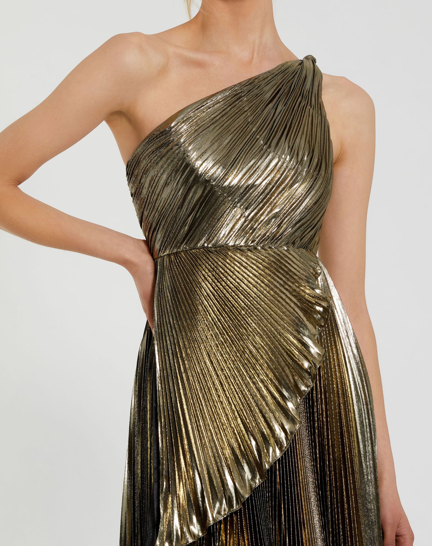 Mac Duggal 49910 Pleated Metallic One Shoulder High Low Gown