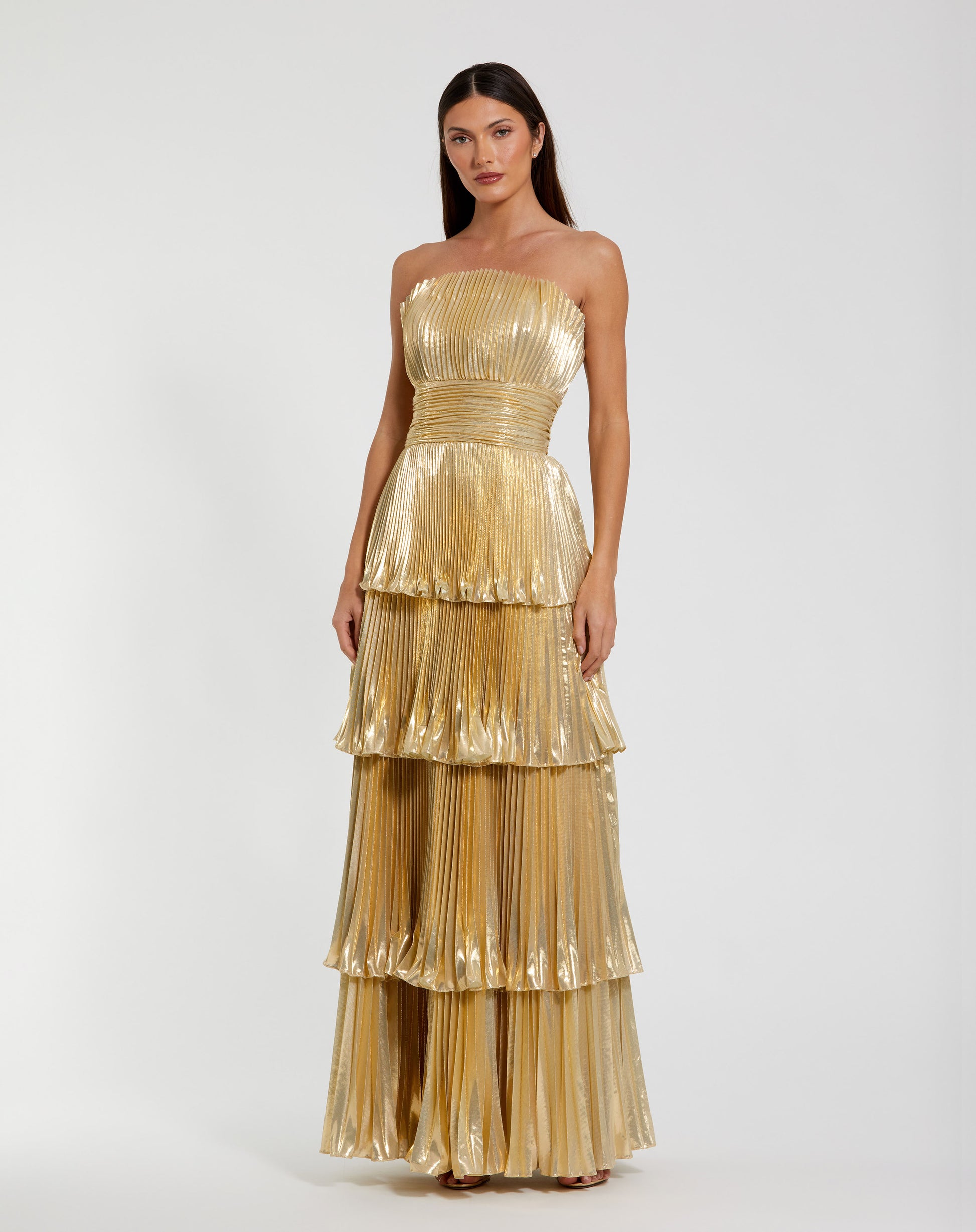 mac duggal gold metallic dress Mac Duggal Women's Thin Strap Pleated Metallic Gown With 3D Flower