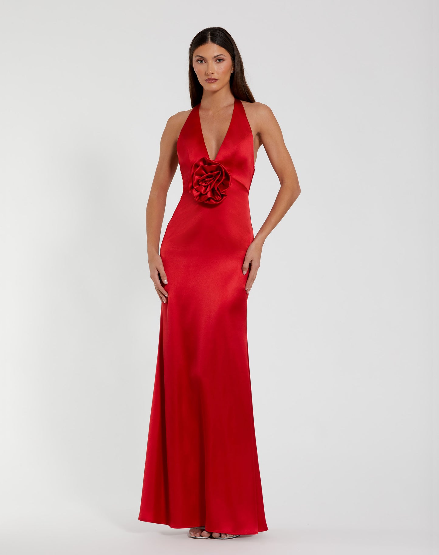 Mac Duggal 49913 Fitted Satin Sleeveless Halter Gown With 3D Flower