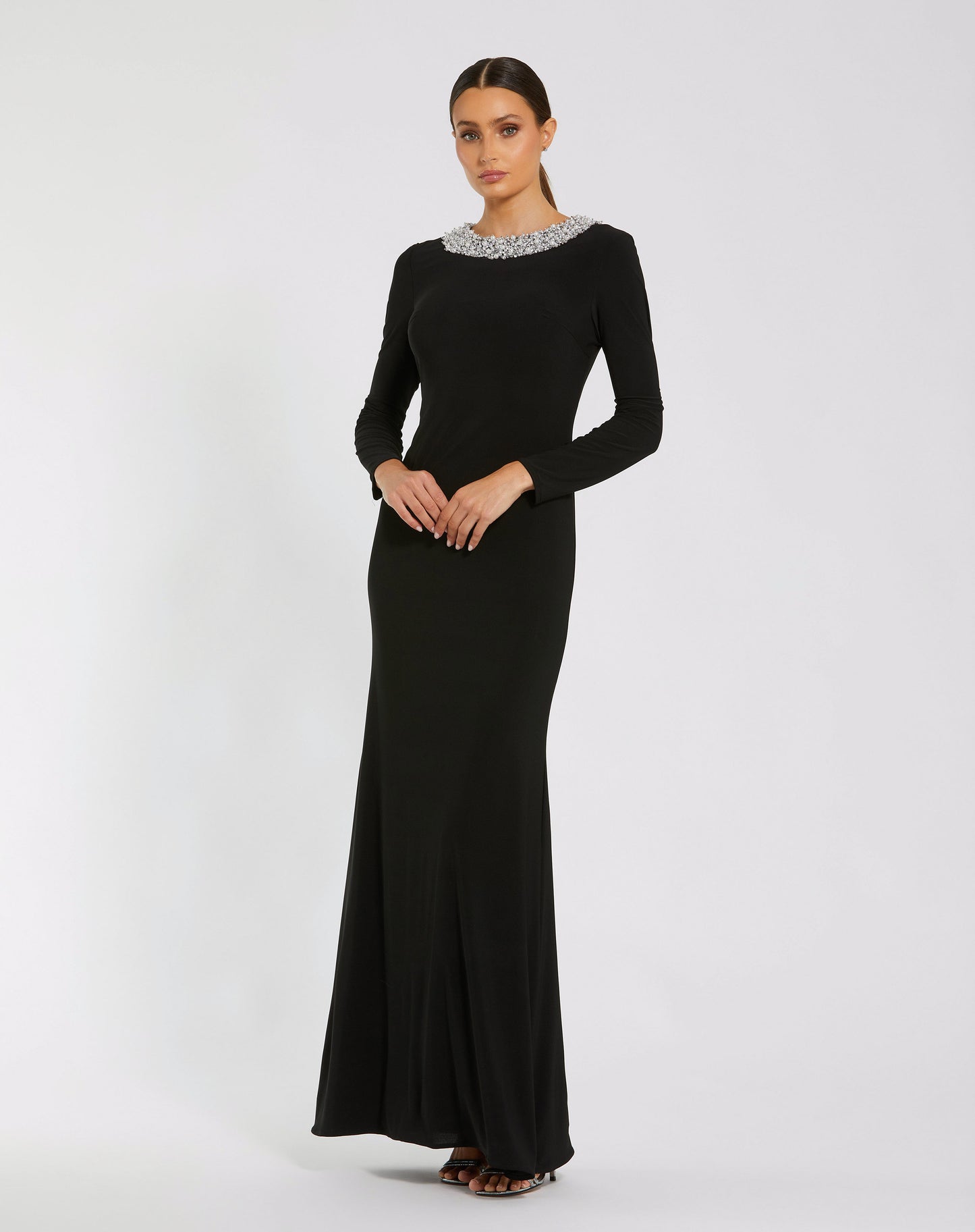 Mac Duggal 49951 Jersey Long Sleeve Fitted Gown With Beaded Neck