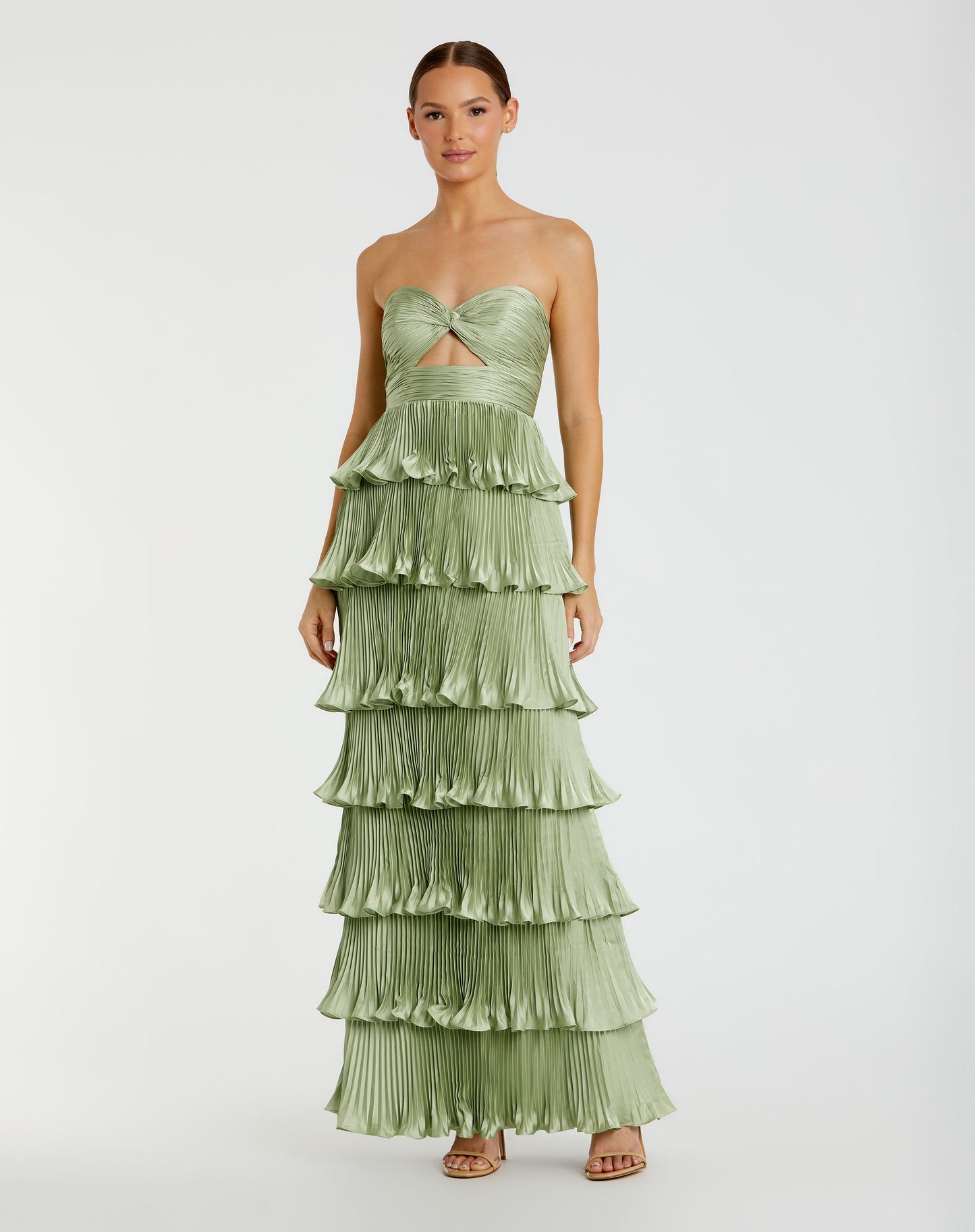 Mac Duggal 49981 Pleated Charmeuse Strapless Tiered Ruffle Gown