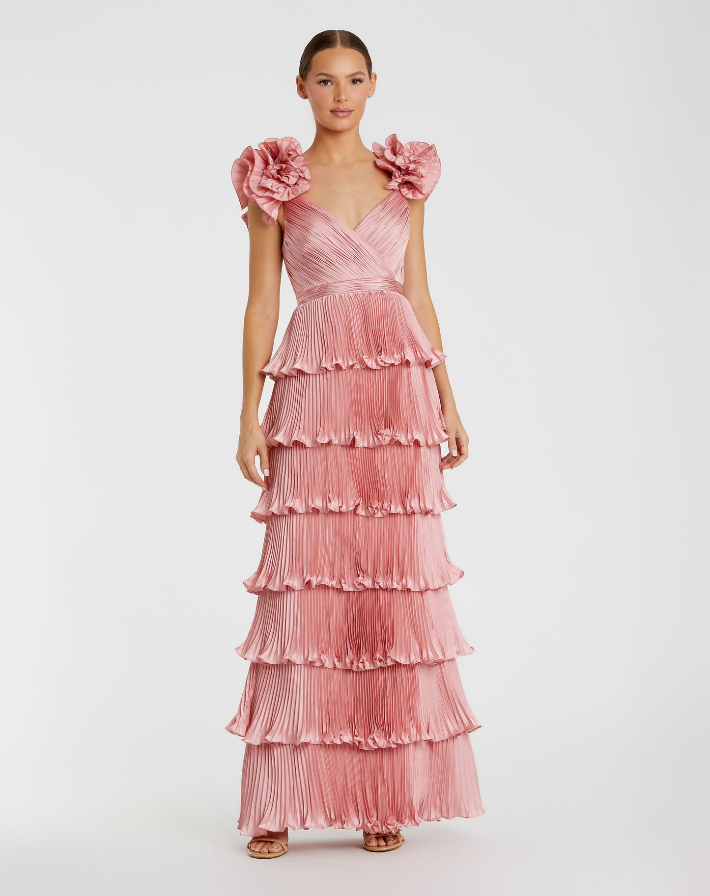 Mac Duggal 49983 Pleated Charmeuse Tiered Gown With Ruffle Straps