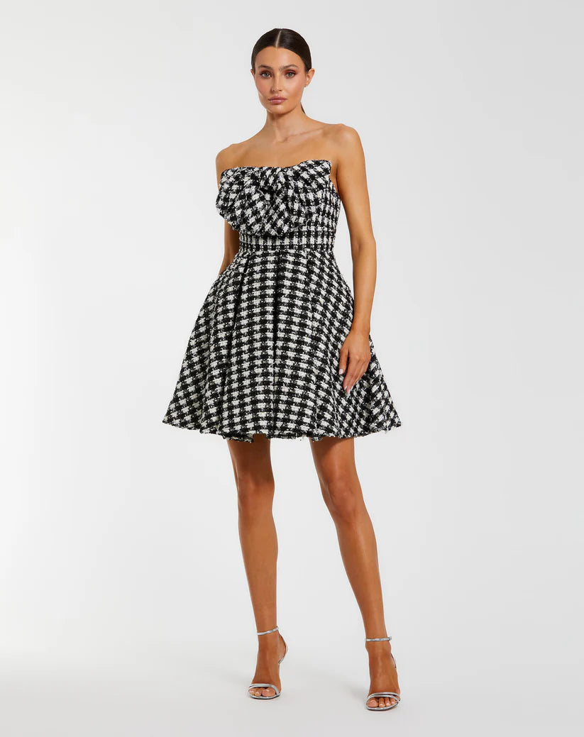 Mac Duggal 50027 Black and White Strapless Boucle Mini Dress With Bow