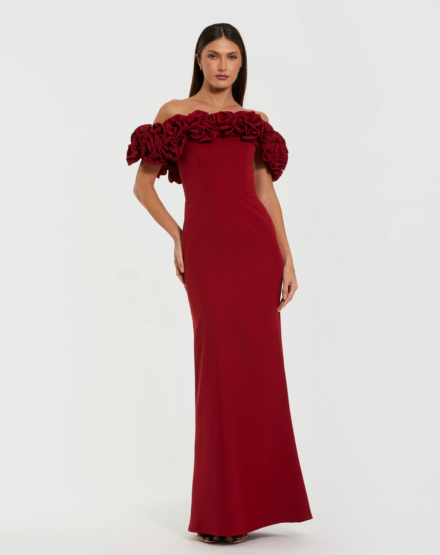 Mac Duggal 50042 Crepe Off The Shoulder Column Gown With 3D Roses