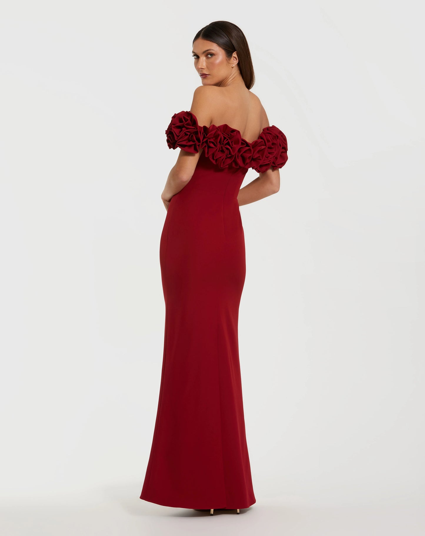 Mac Duggal 50042 Crepe Off The Shoulder Column Gown With 3D Roses