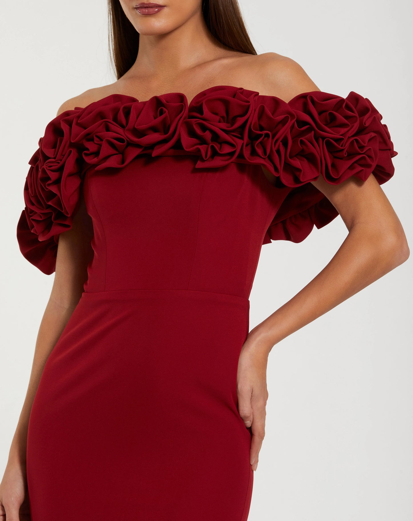 Mac Duggal 50042 Crepe Off The Shoulder Column Gown With 3D Roses