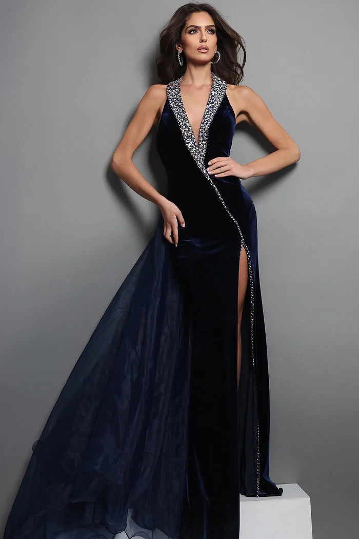 Jovani 50544 Navy Sleeveless Velvet V Neck High Long Dress