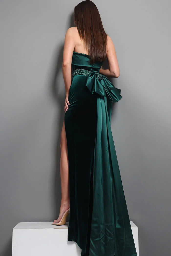 Jovani 51648 Green Strapless Velvet Beaded Slit Train Sheath Long Dress