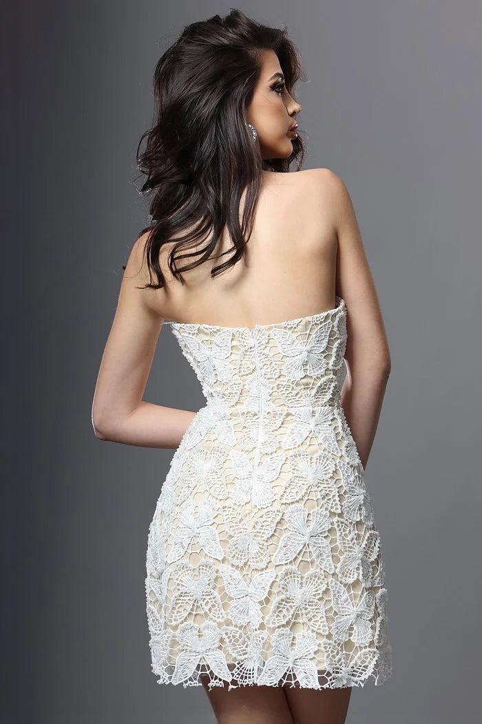 Jovani 51658 White Strapless Lace Butterfly Beaded Mini Dress