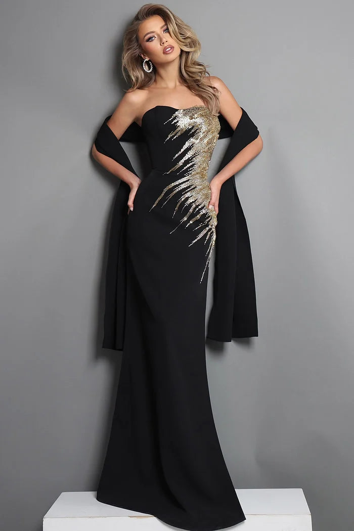 Jovani 51900 Black Strapless Sweetheart Gold Sequin Embroidery Mermaid Long Dress