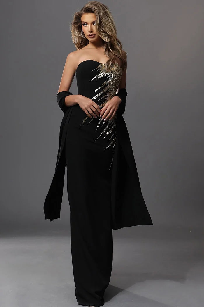 Jovani 51900 Black Strapless Sweetheart Gold Sequin Embroidery Mermaid Long Dress