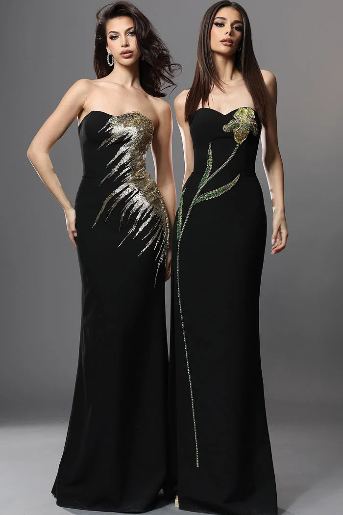 Jovani 51900 Black Strapless Sweetheart Gold Sequin Embroidery Mermaid Long Dress
