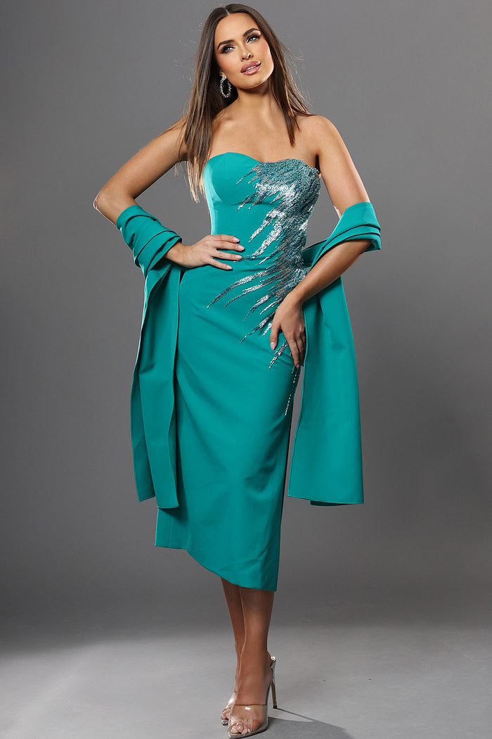 Jovani 51901 Green Strapless Sequin Embellished Sheath Midi Dress