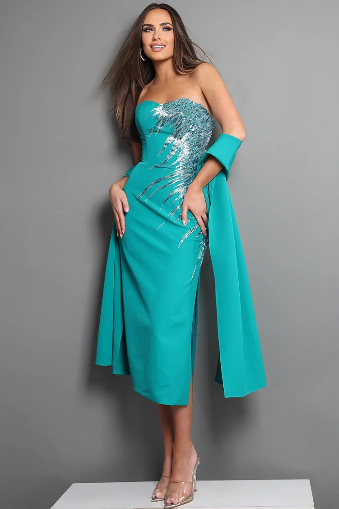Jovani 51901 Green Strapless Sequin Embellished Sheath Midi Dress
