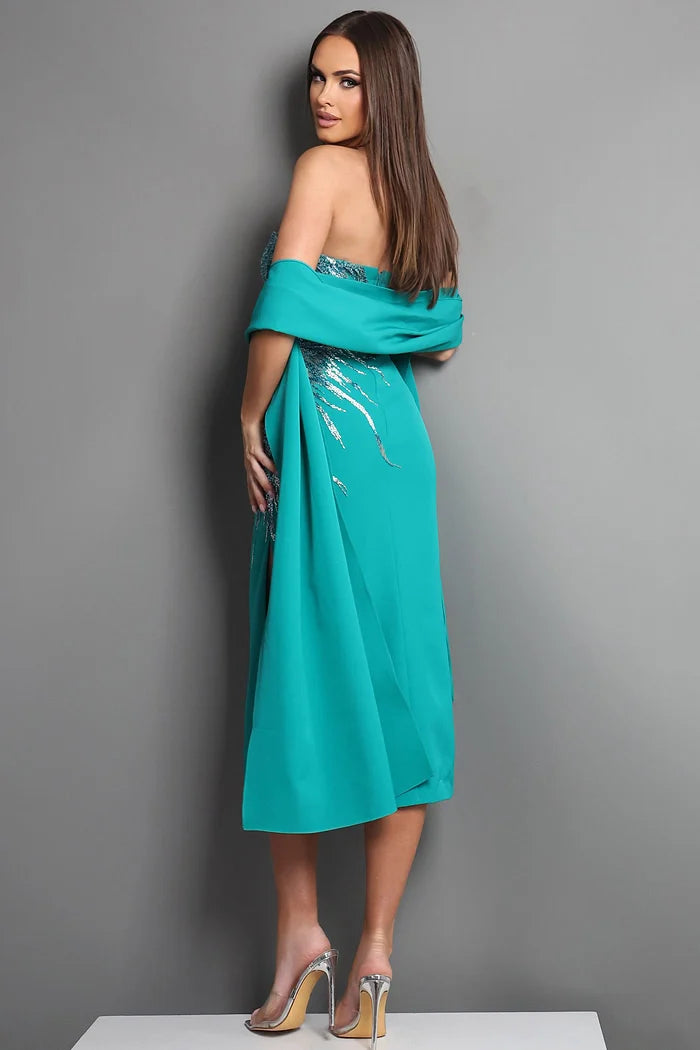 Jovani 51901 Green Strapless Sequin Embellished Sheath Midi Dress